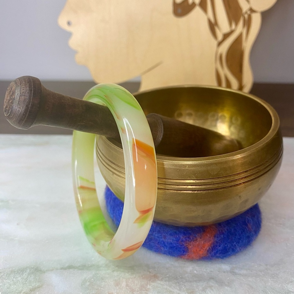 Multicolored White Orange & Green Treated Jade Bangle Bracelet 60mm